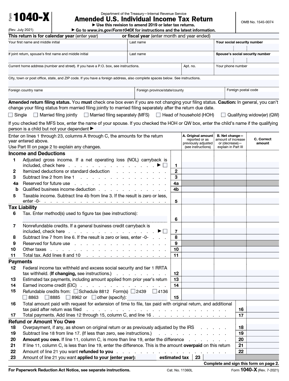 2021 IRS form 1040X